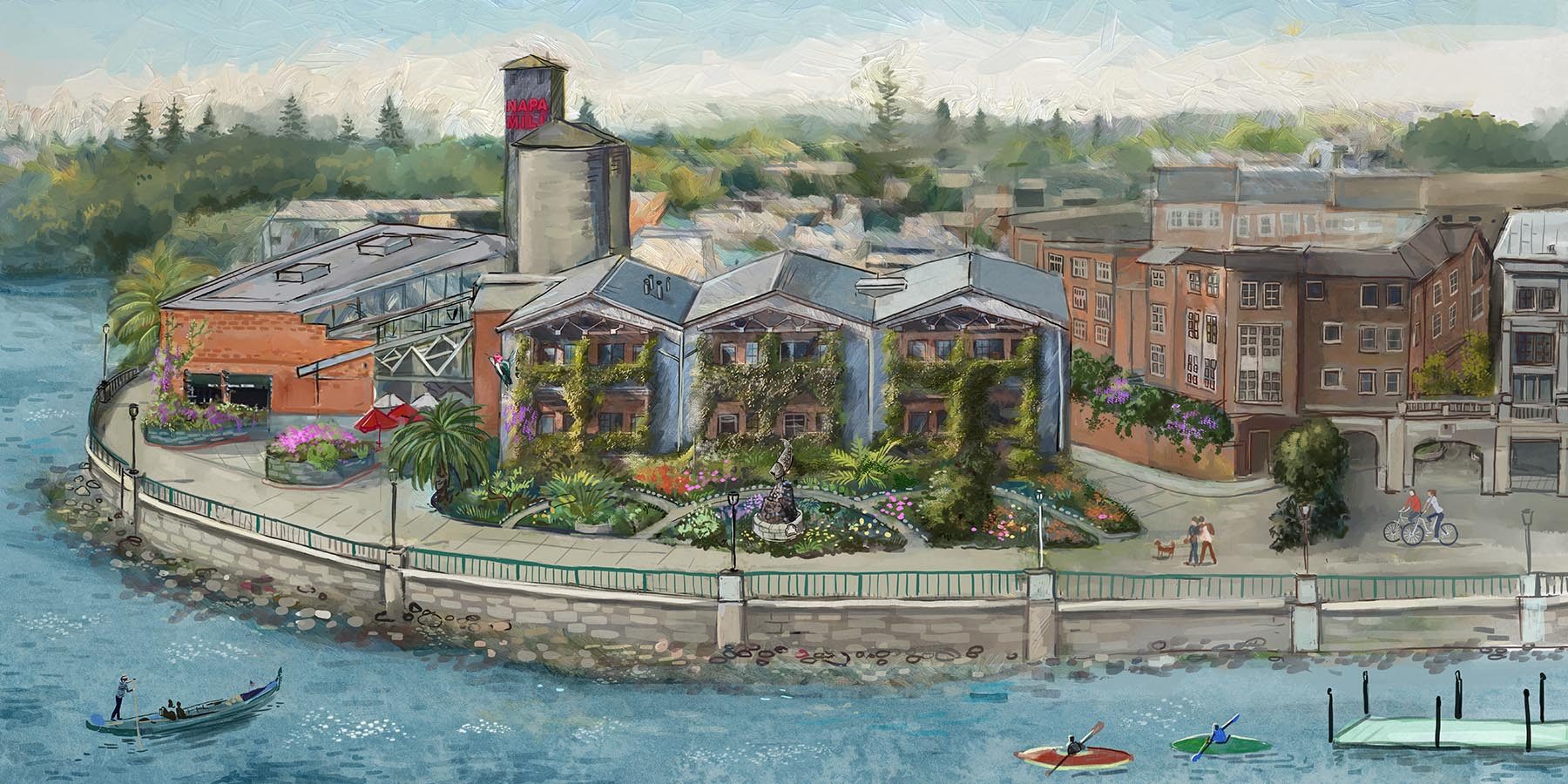Watercolor illustration of the Napa River Inn at the Historic Napa Mill